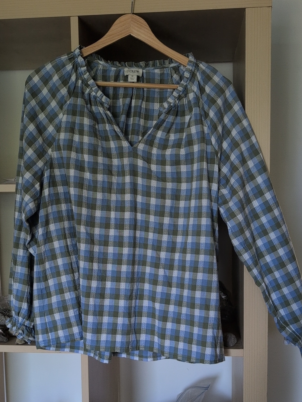J.Crew Plaid Peasant Blouse in Olive & Blue
